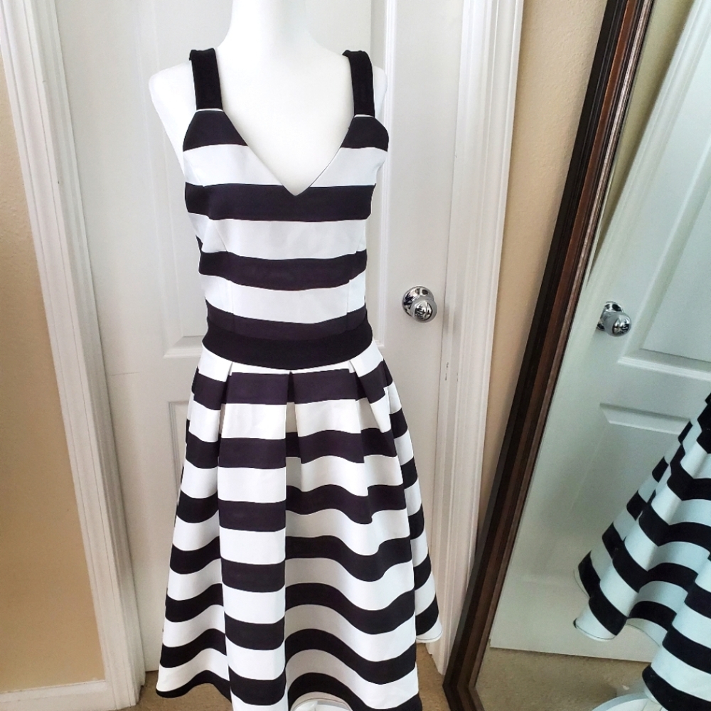 Black and white striped fit and flare midi vintage v neck dress